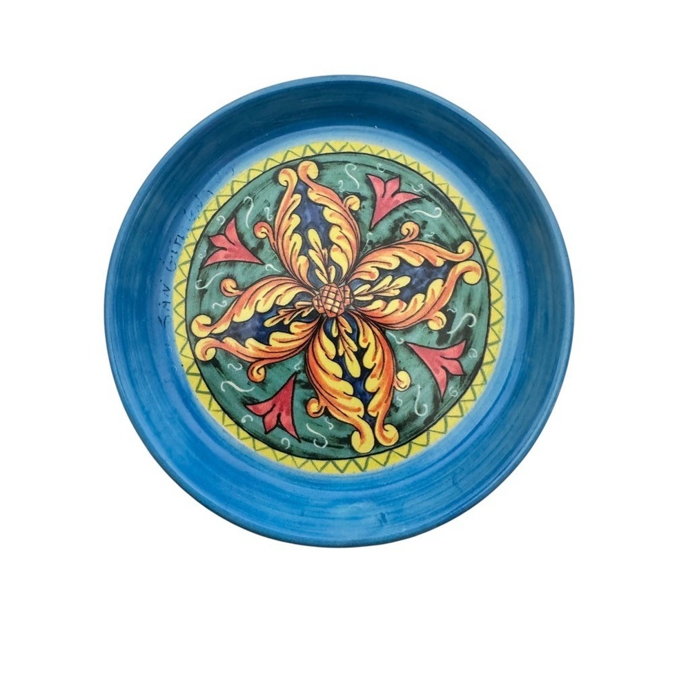 Artigianato‎ Italiano Hand-Painted Ceramic 5" Round Plate Blue Rim Floral Design